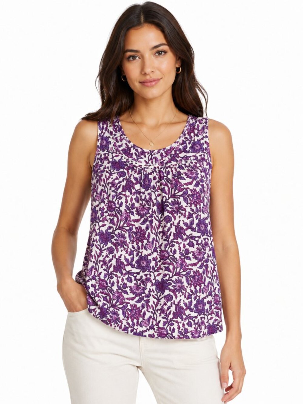 J JILL Purple Floral Sleeveless Top 100% Cotton Lace Trim Scoop Neck Small